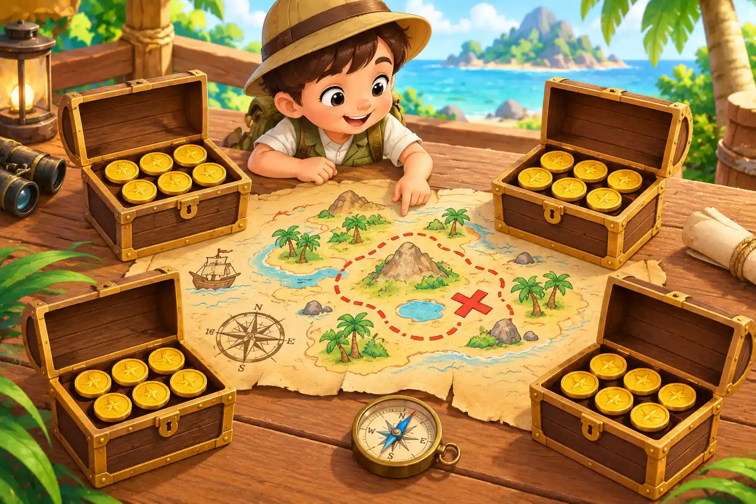 Child dividing treasure coins into equal groups