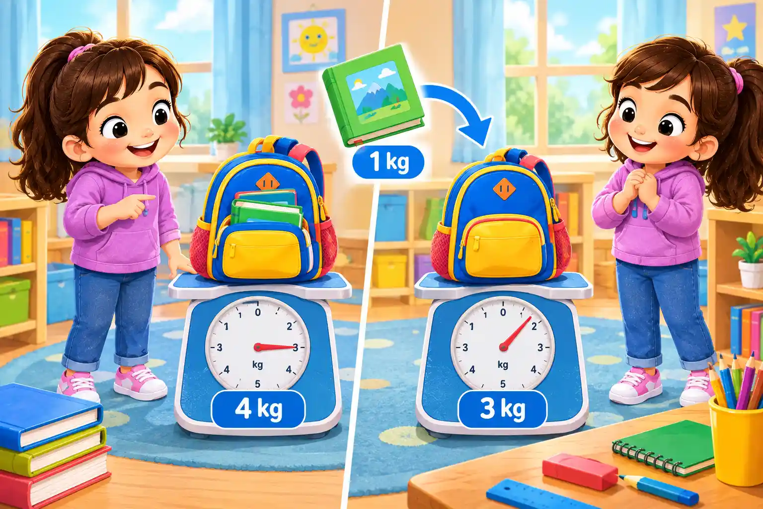Child learning about backpack weight