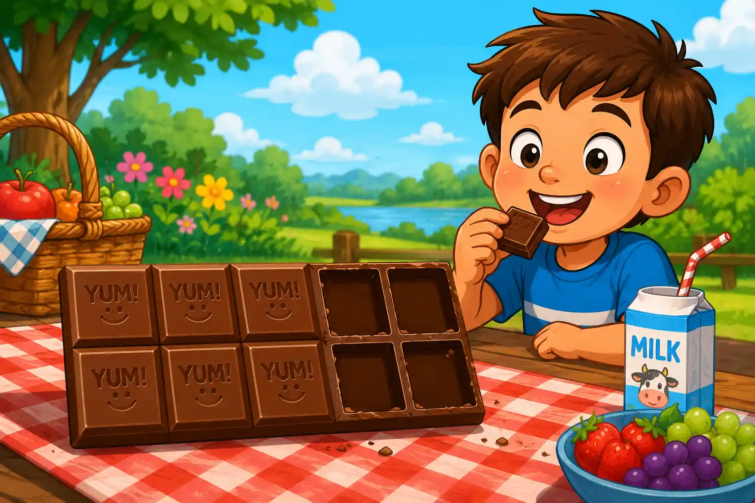 Child learning fractions with a chocolate bar divided into equal pieces