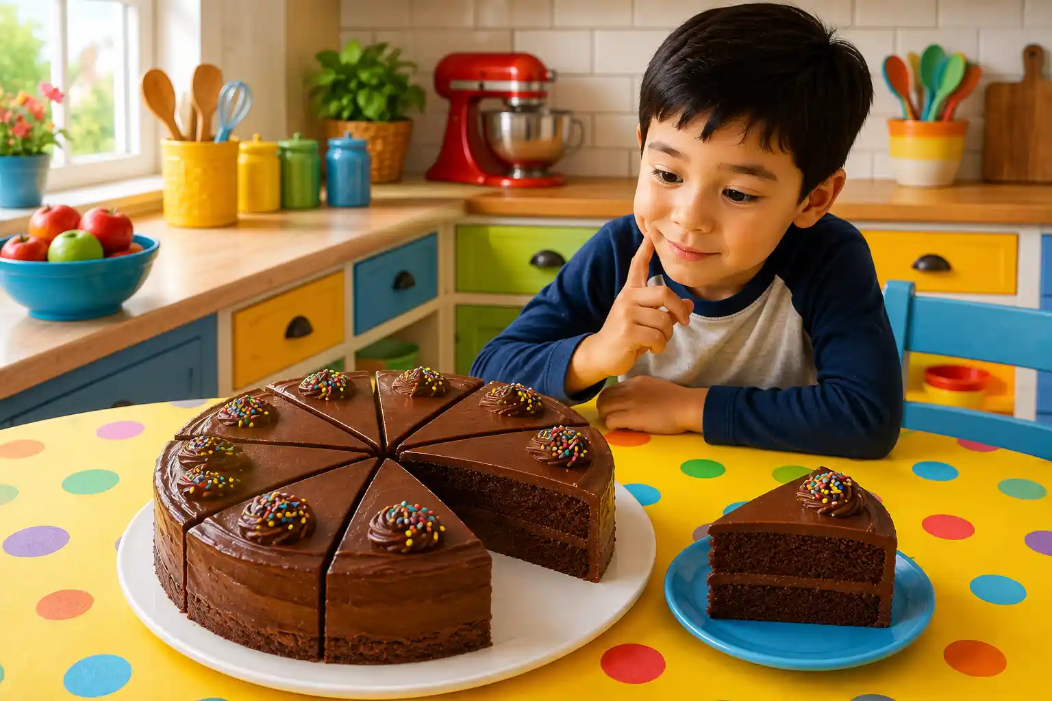 Child learning fractions with a chocolate cake