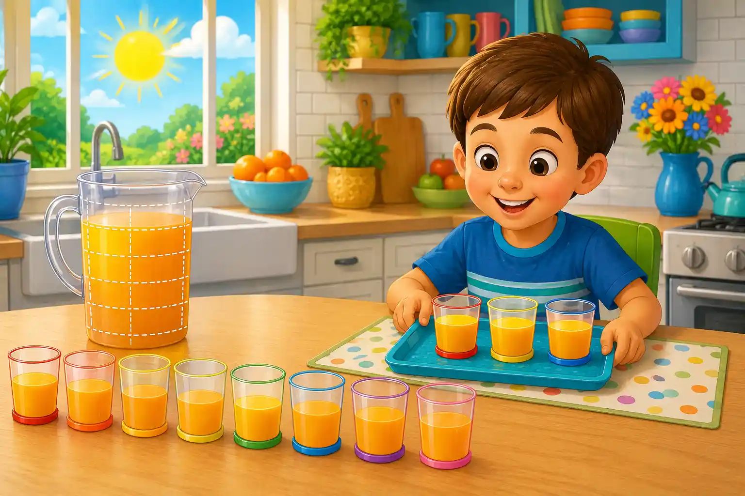 Child learning fractions with cups of orange juice