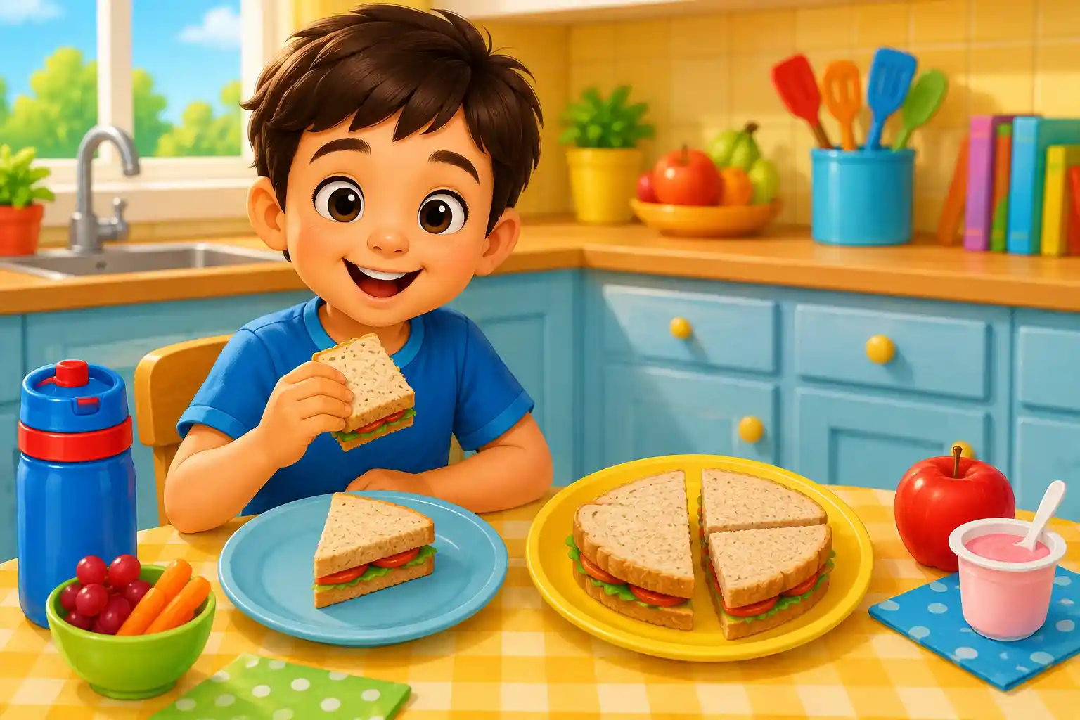 Child learning fractions with sandwich pieces