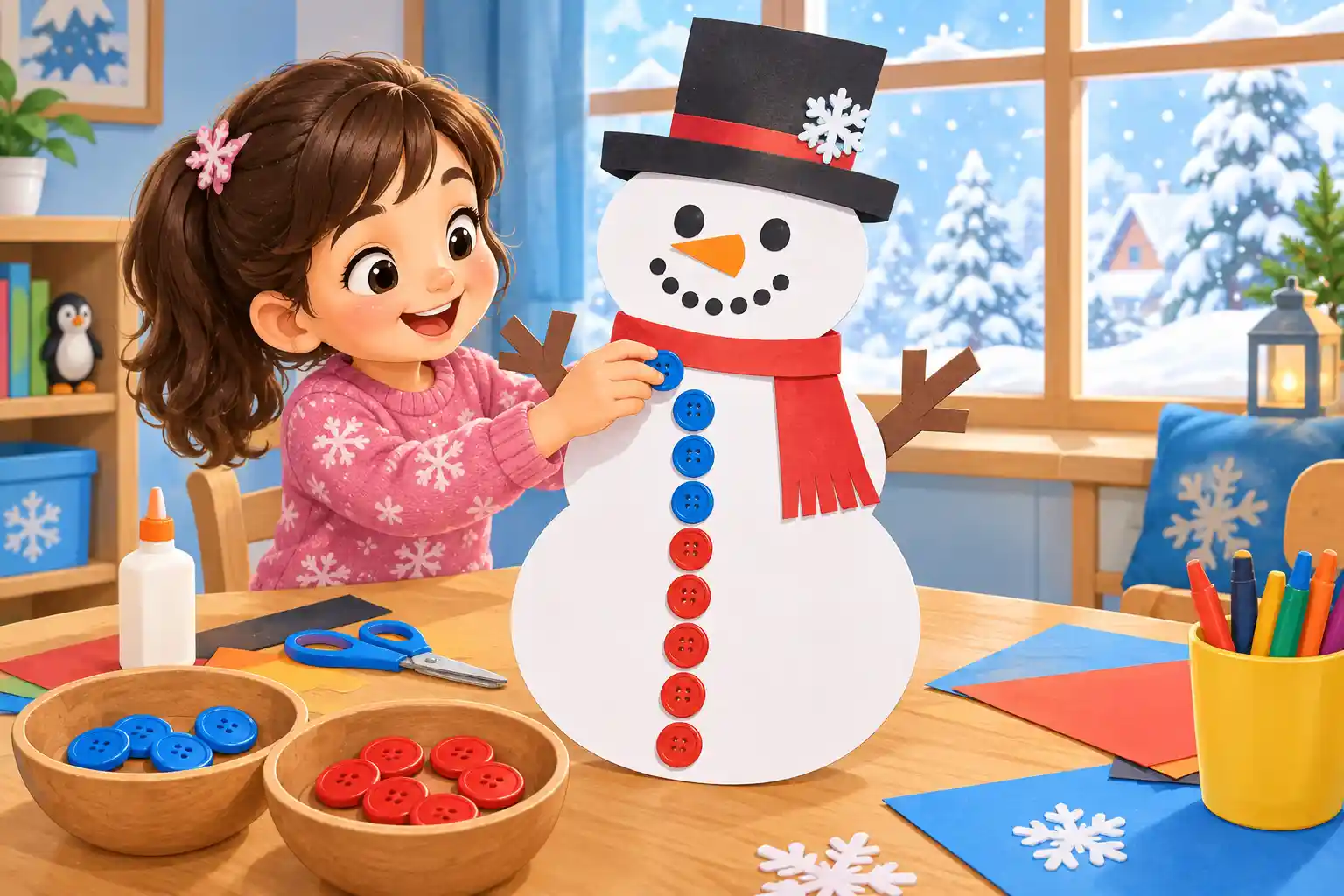 Child learning fractions with snowman buttons