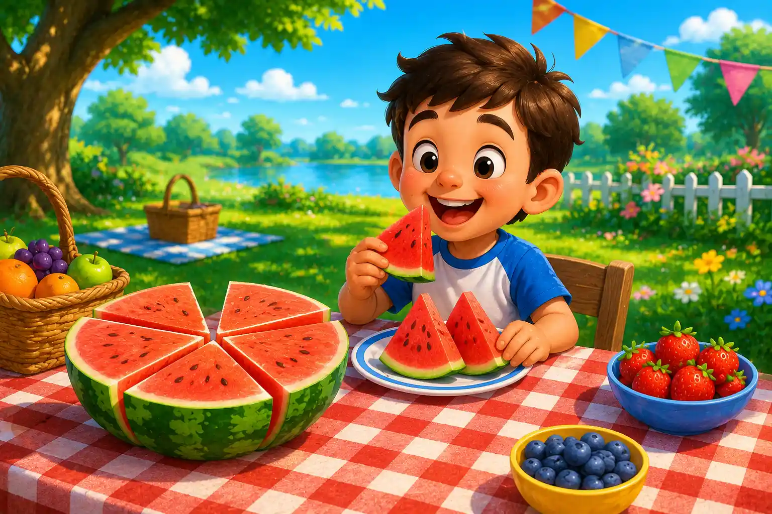 Child learning fractions with watermelon slices