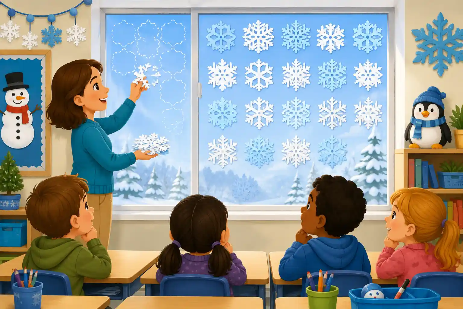 Child learning subtraction with paper snowflakes