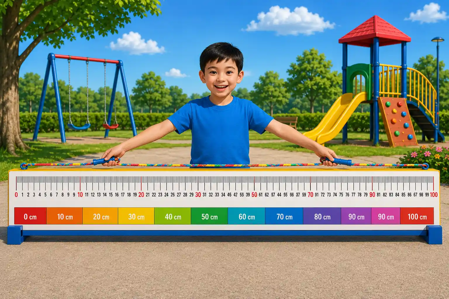 Child learning that one meter equals 100 centimeters