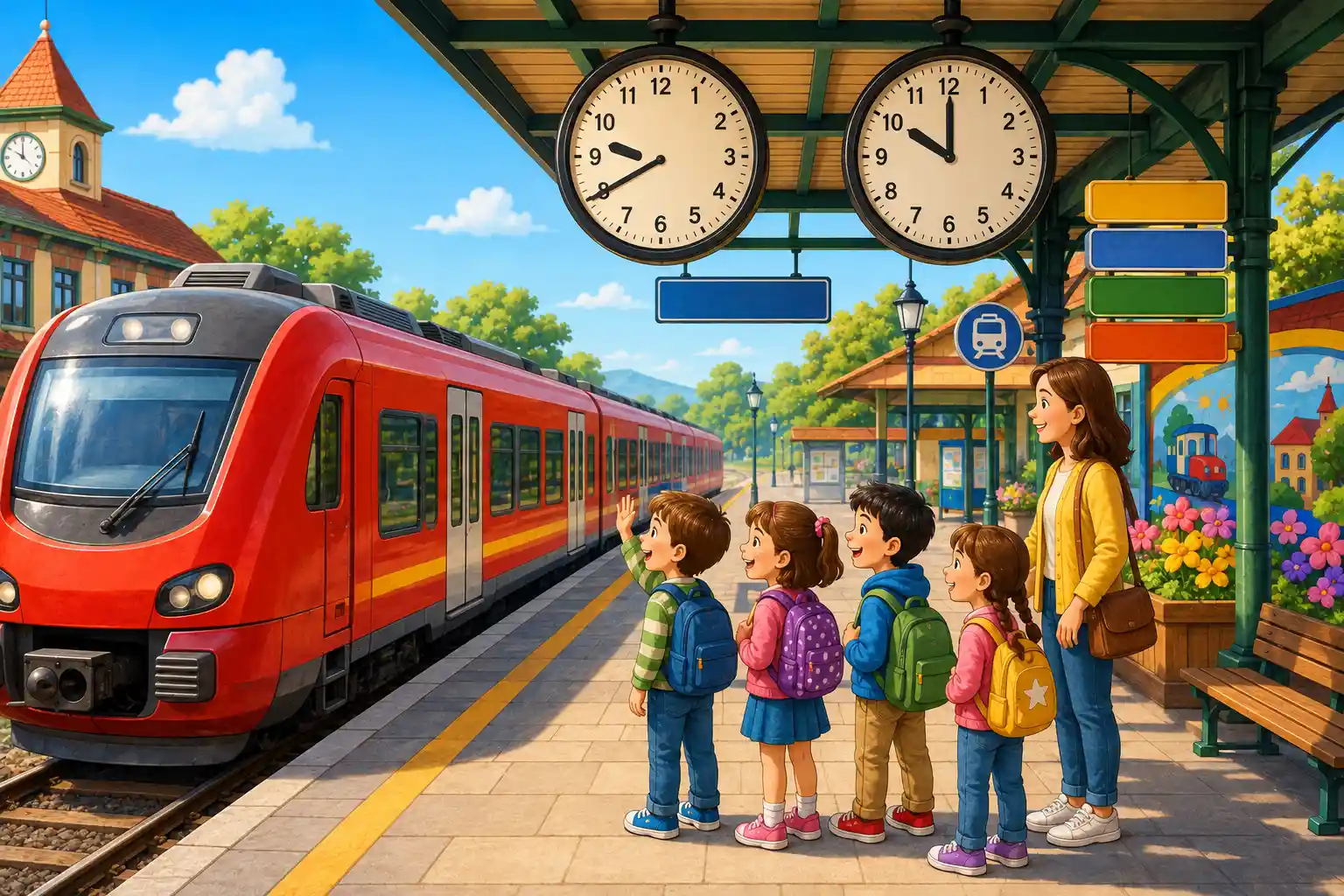 Child learning time with a train station clock