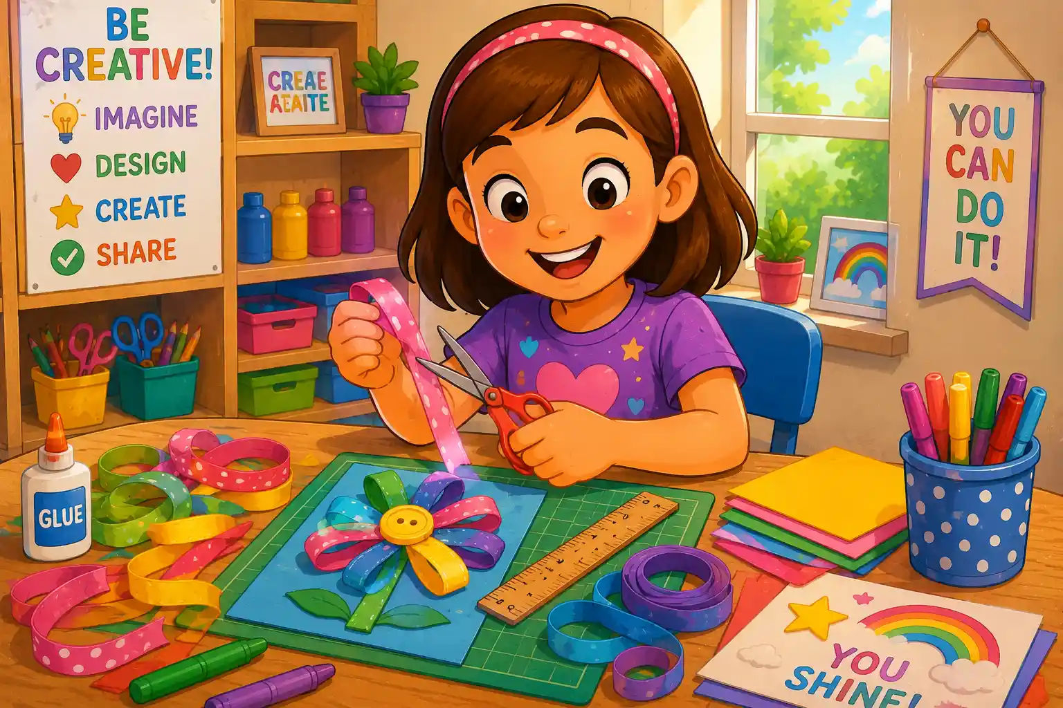 Child measuring a colorful ribbon with a ruler for a measurement activity