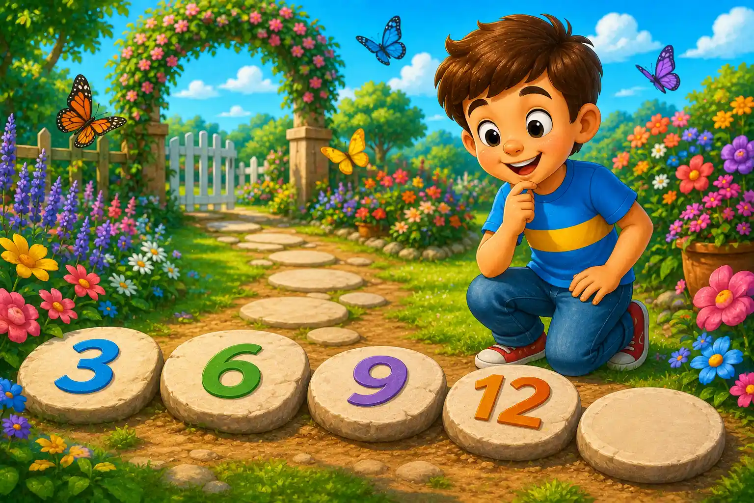 Child solving a garden number pattern puzzle