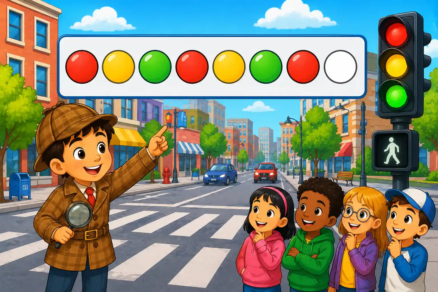 Child solving a repeating traffic light color pattern