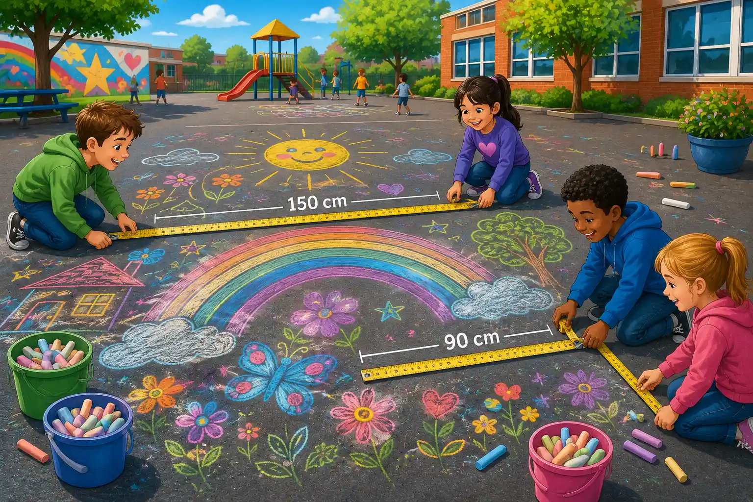 Children comparing chalk line lengths