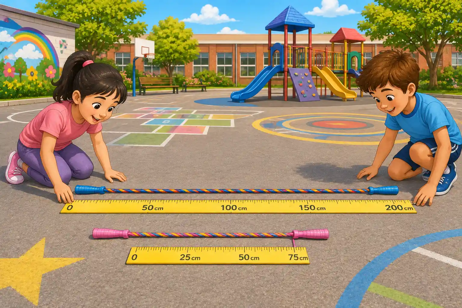 Children comparing jump rope lengths with measurement