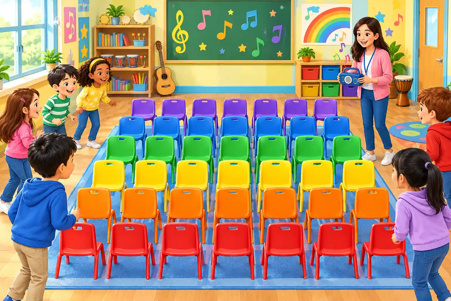Children counting rows of chairs for multiplication