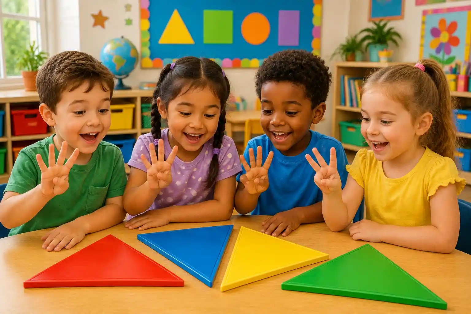 Children counting triangle sides in a geometry activity