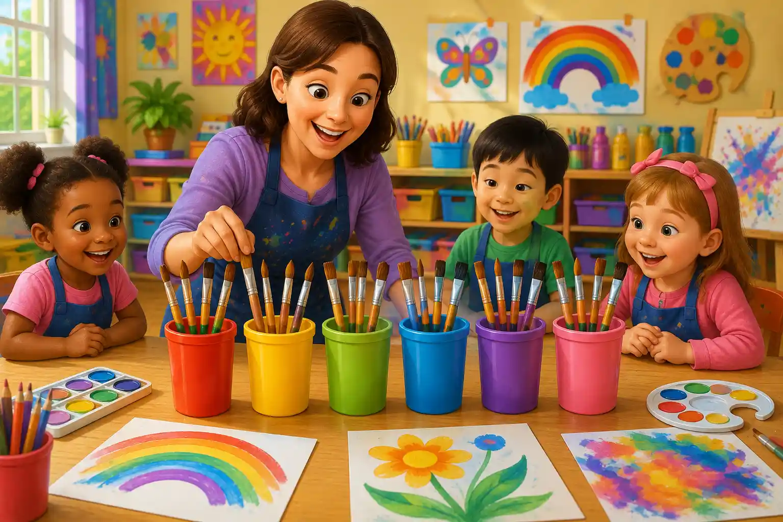 Children grouping paintbrushes to practice division