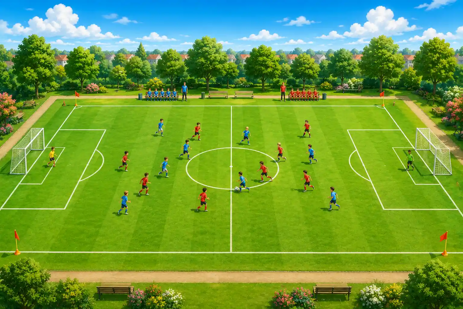 Children learning rectangle corners on a soccer field