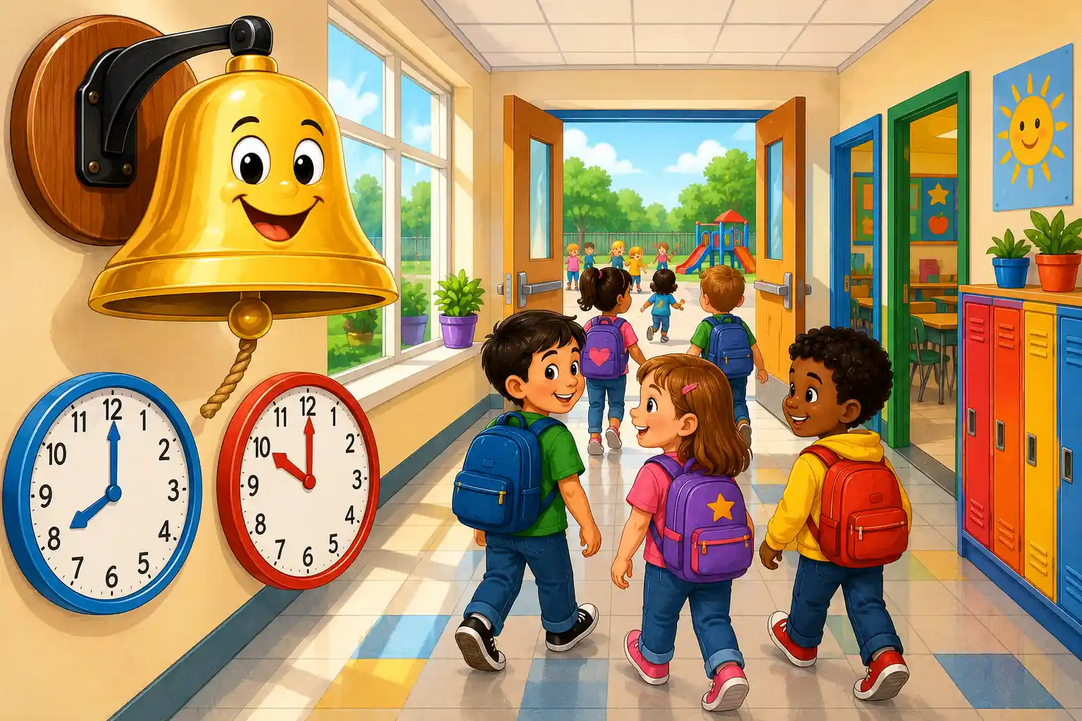 Children learning to add hours using a school clock