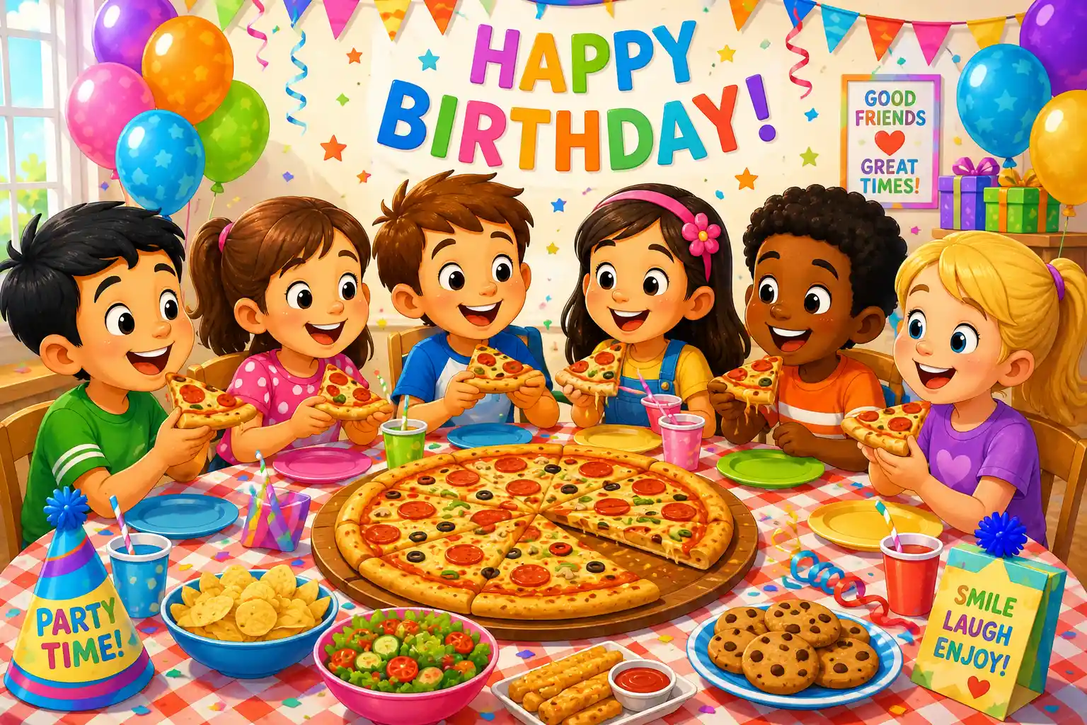 Children sharing pizza slices equally to practice division