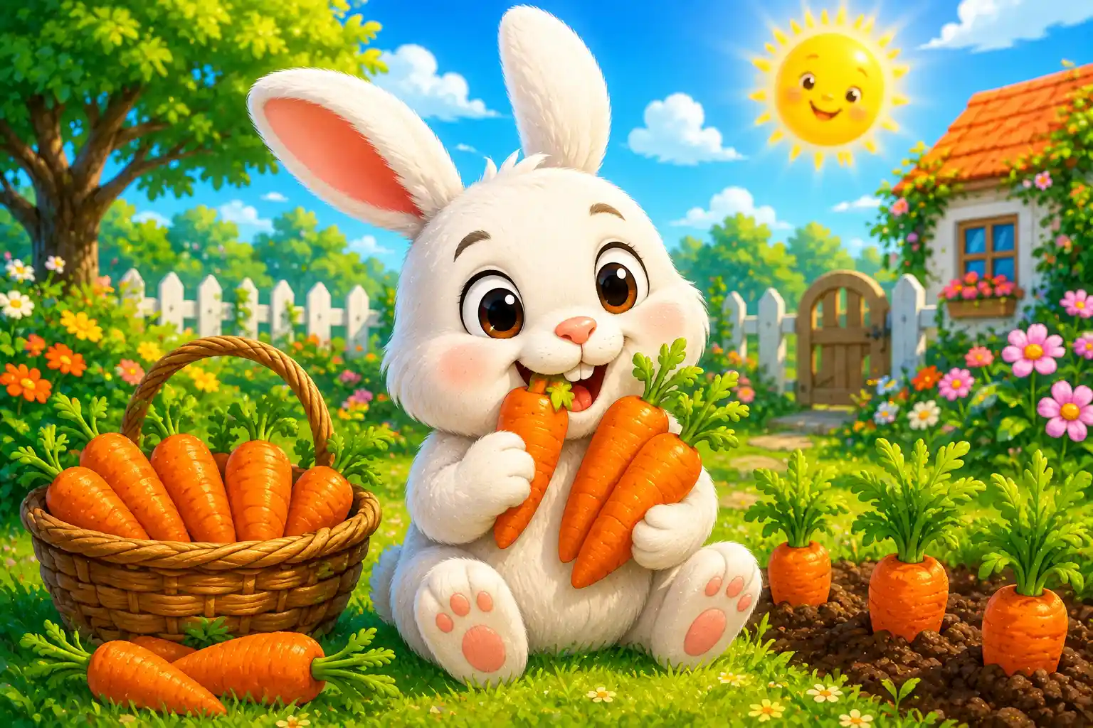 Cute bunny eating carrots during a fun subtraction activity