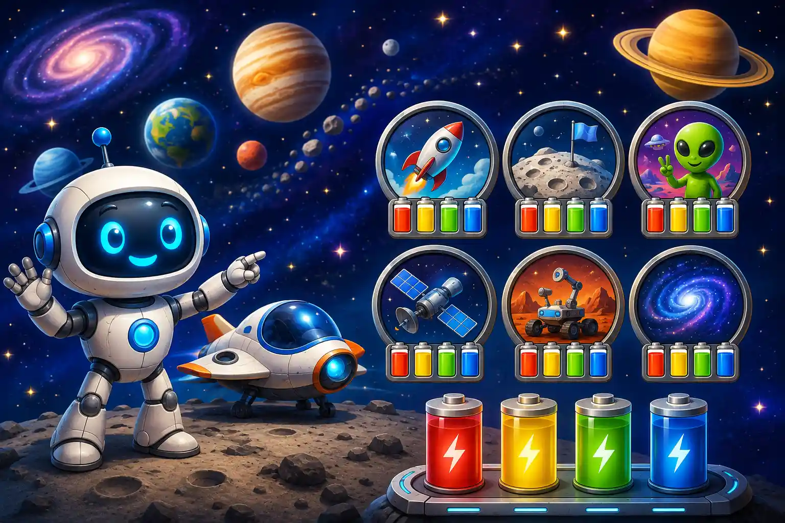 Cute space robot solving a multiplication battery problem