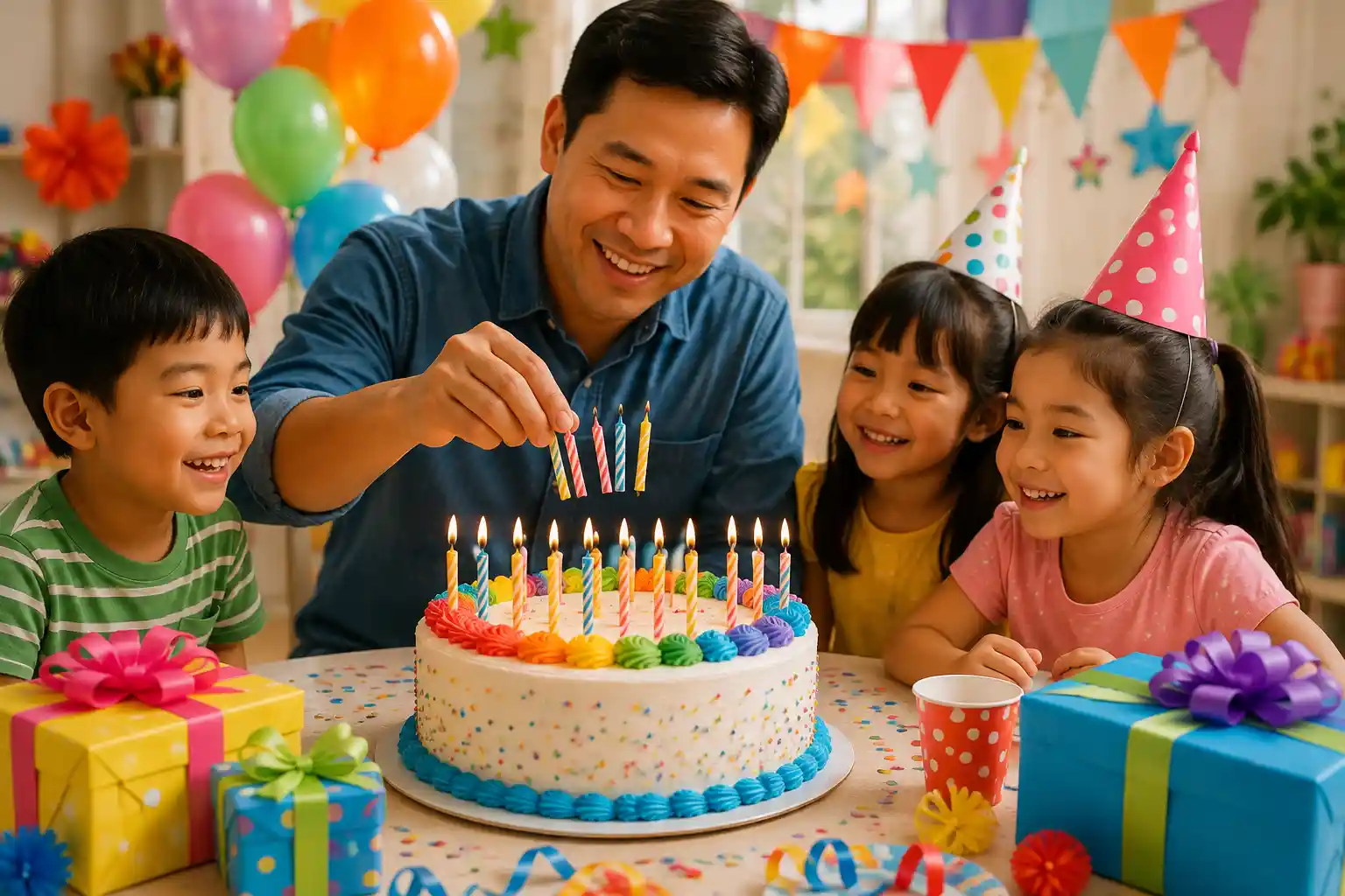 Dad removing candles from a birthday cake
