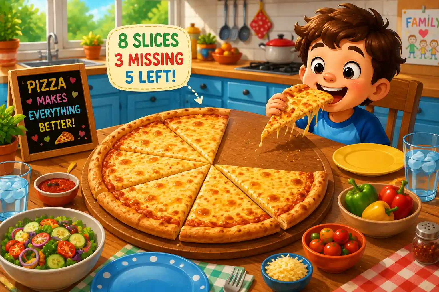 Easy Pizza Fraction Math Problem for Kids