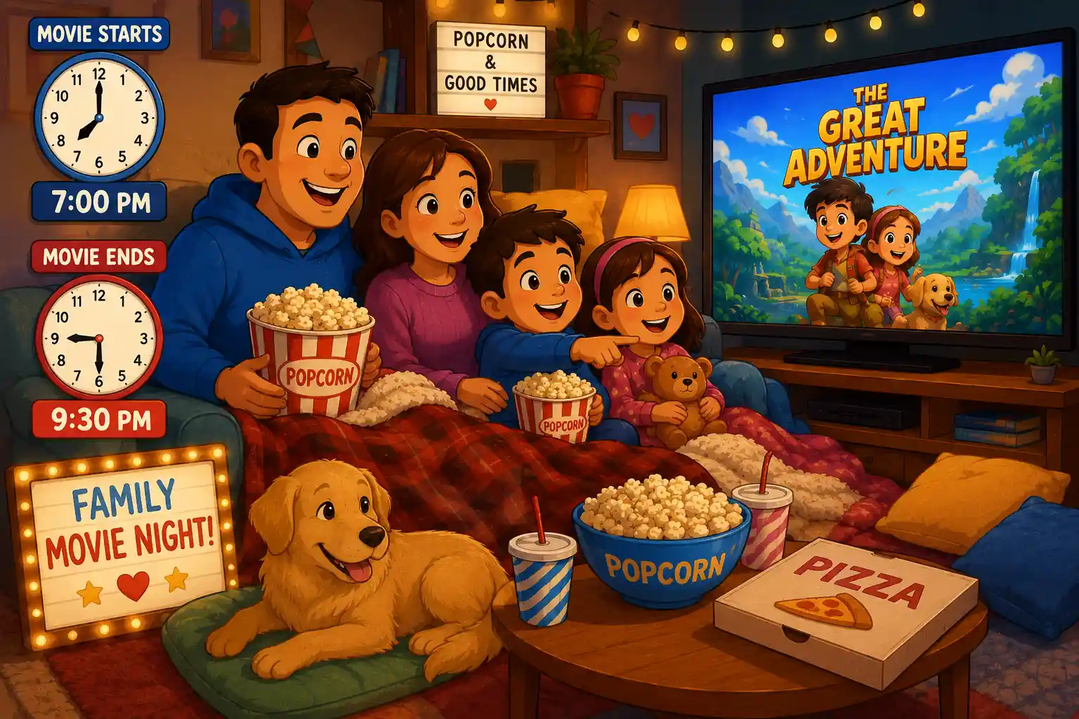 Family movie night with clocks showing elapsed time for a math activity