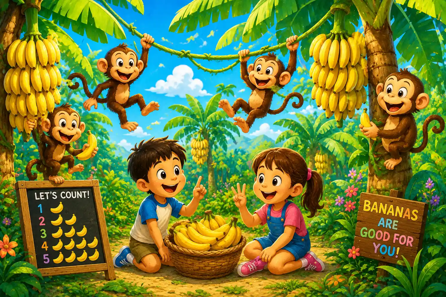 Friendly monkeys counting bananas on jungle trees for multiplication