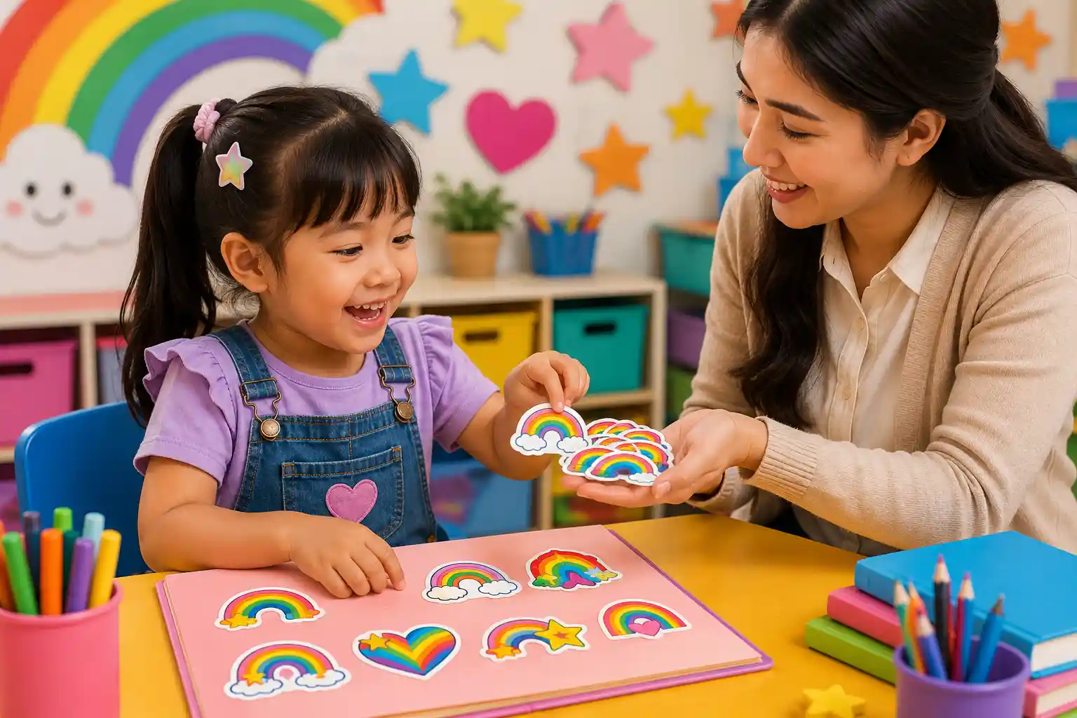 Girl counting rainbow stickers to practice addition