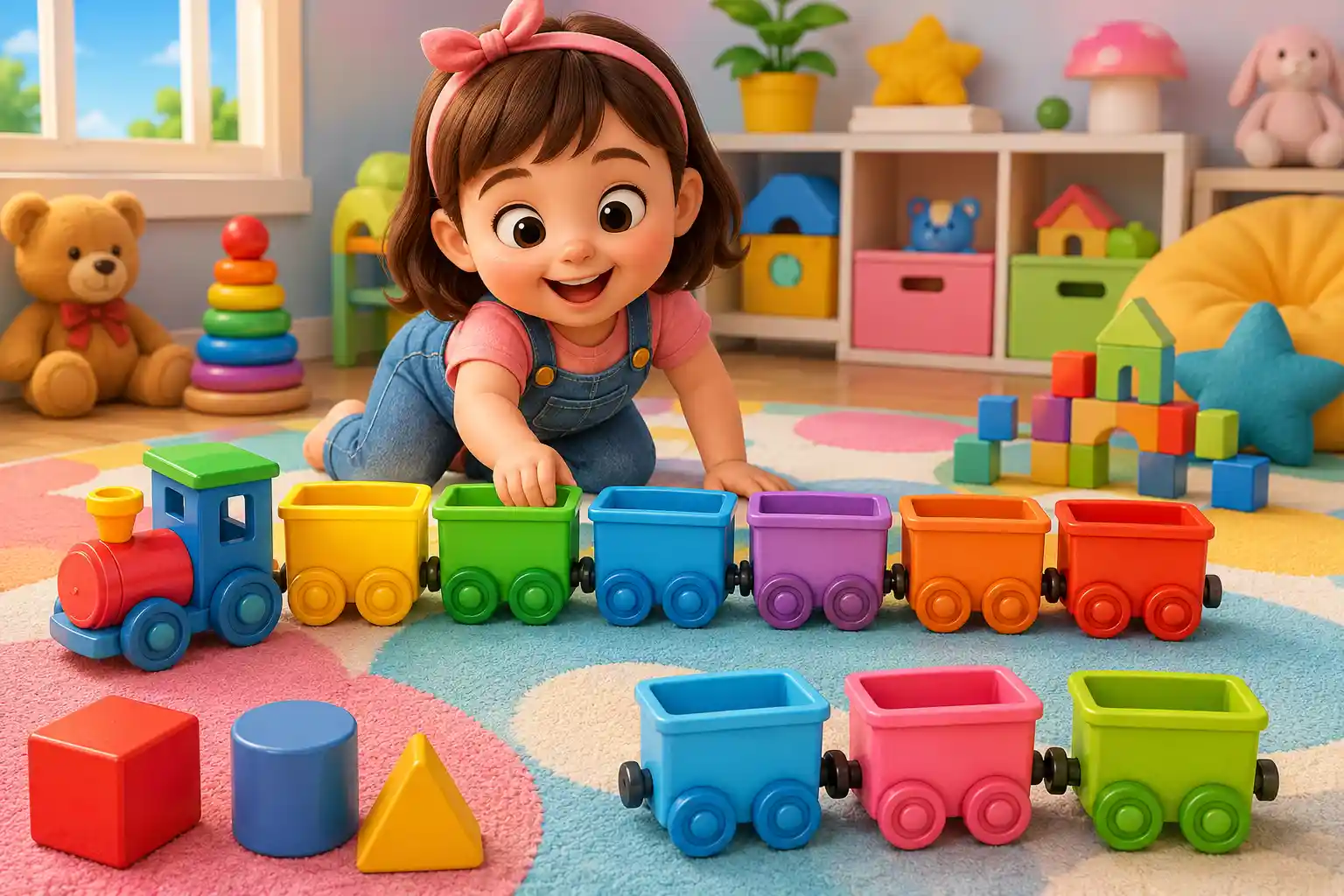 Girl counting toy train cars for addition