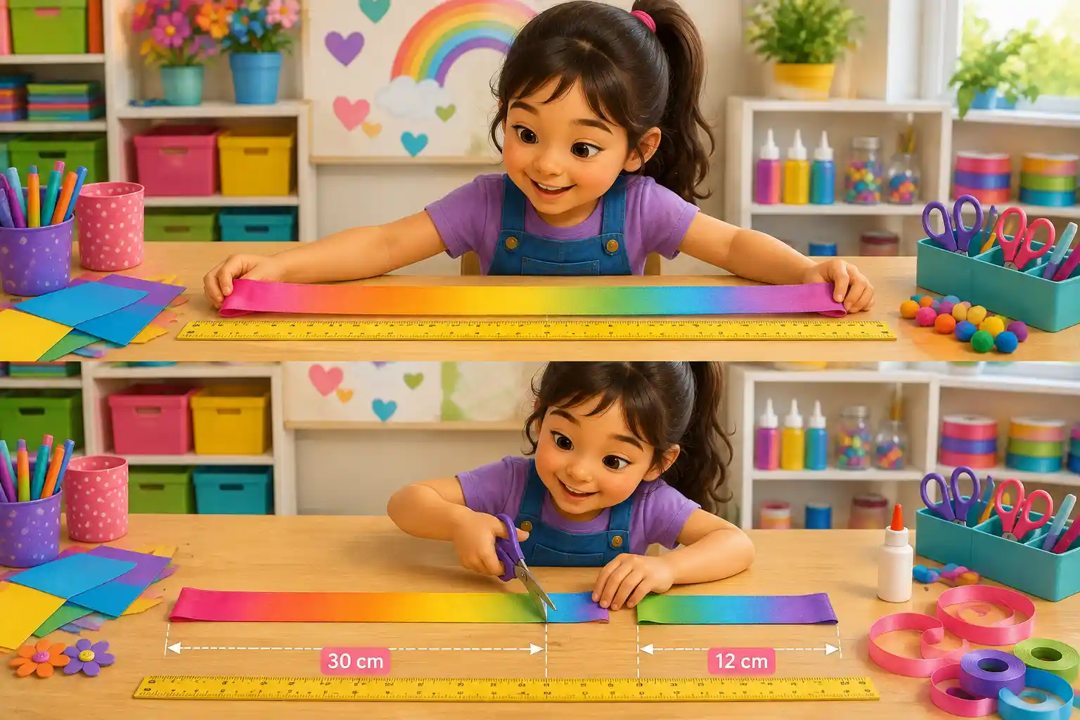 Girl measuring ribbon for a measurement math problem