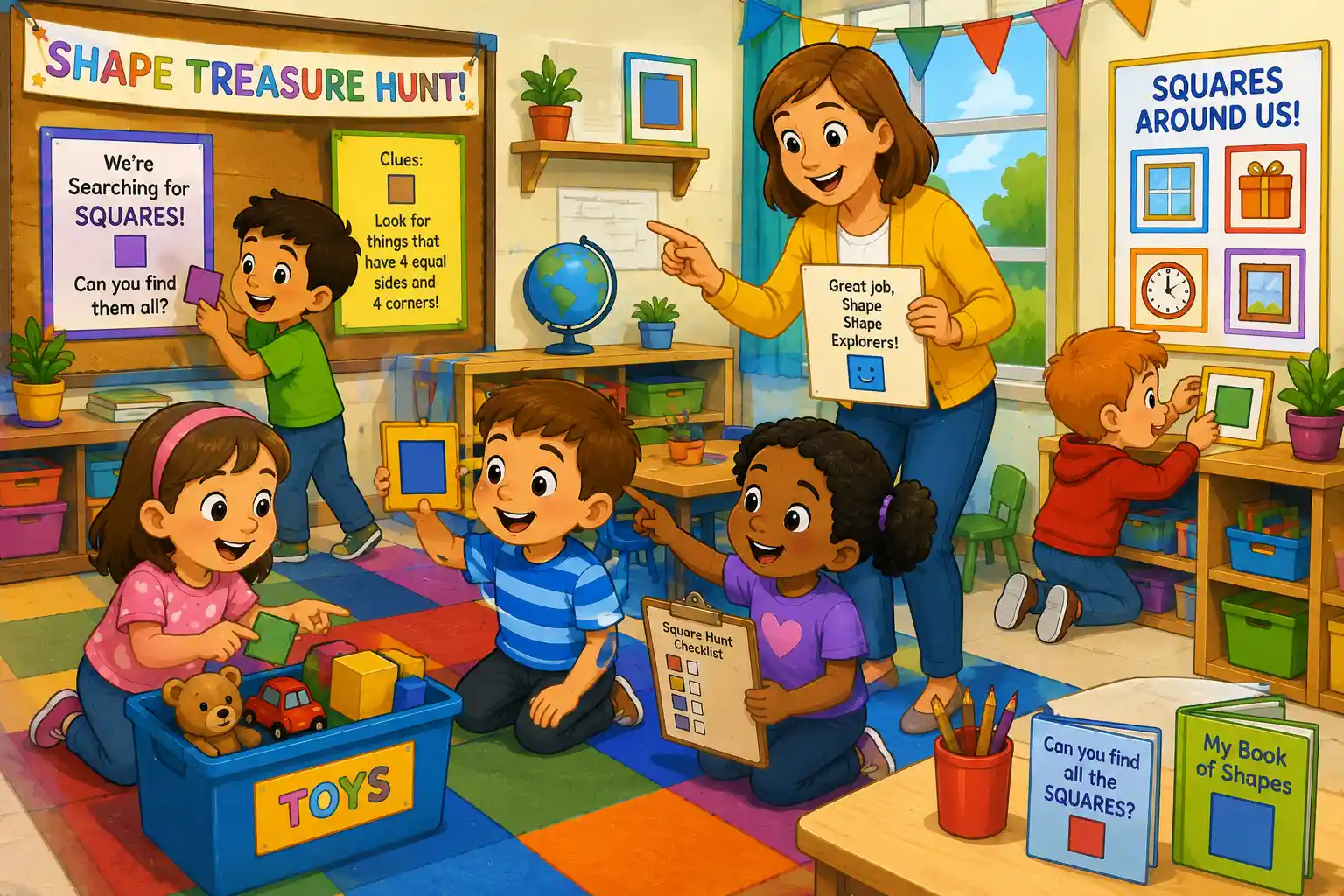 Happy children finding colorful square shapes during a geometry lesson