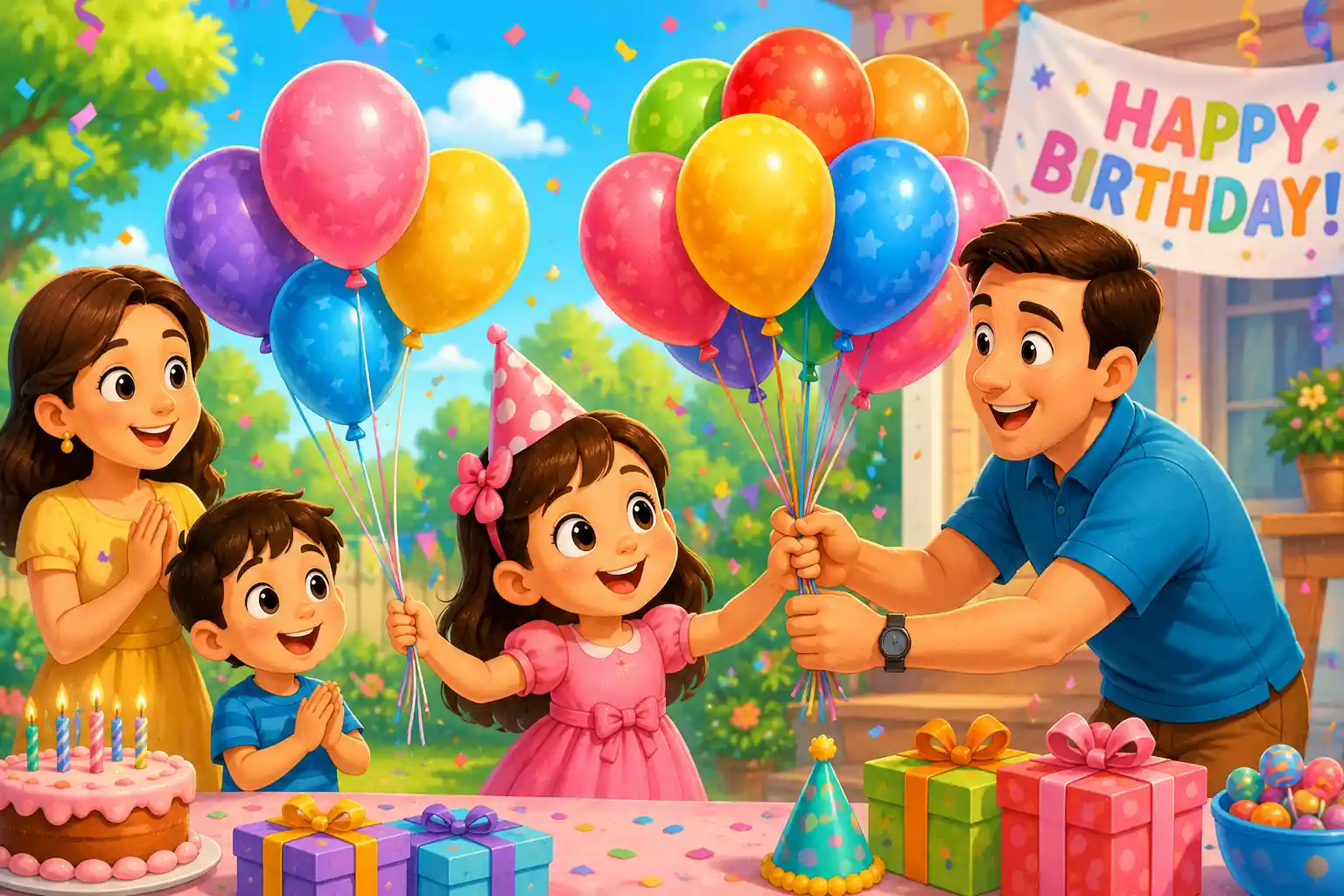 Happy girl counting colorful balloons while learning addition