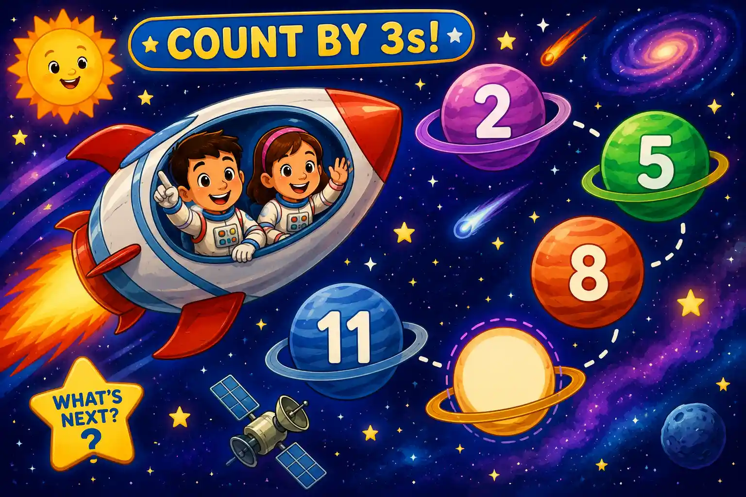 Kids solving a rocket-themed number pattern puzzle in space