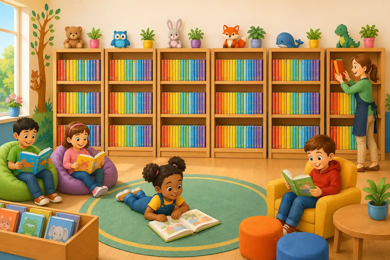 Librarian organizing books equally on shelves