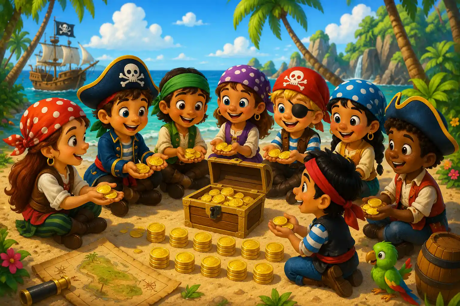 Pirate friends sharing gold coins to practice division