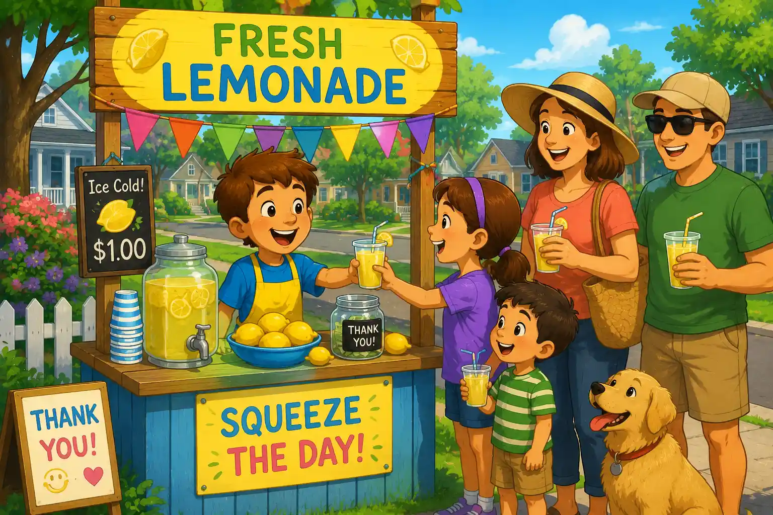 Smiling child selling lemonade and learning money math
