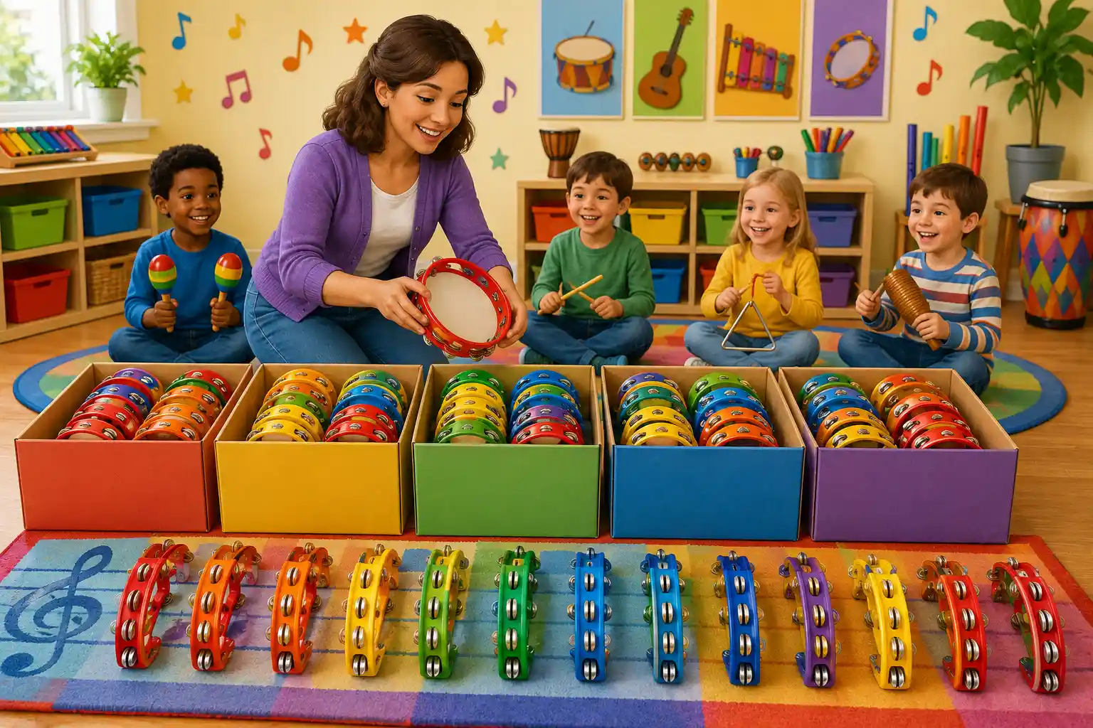 Teacher dividing tambourines equally into boxes