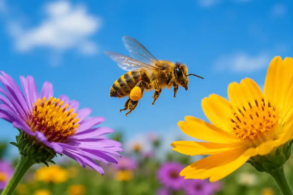 Bee transferring pollen between flowers