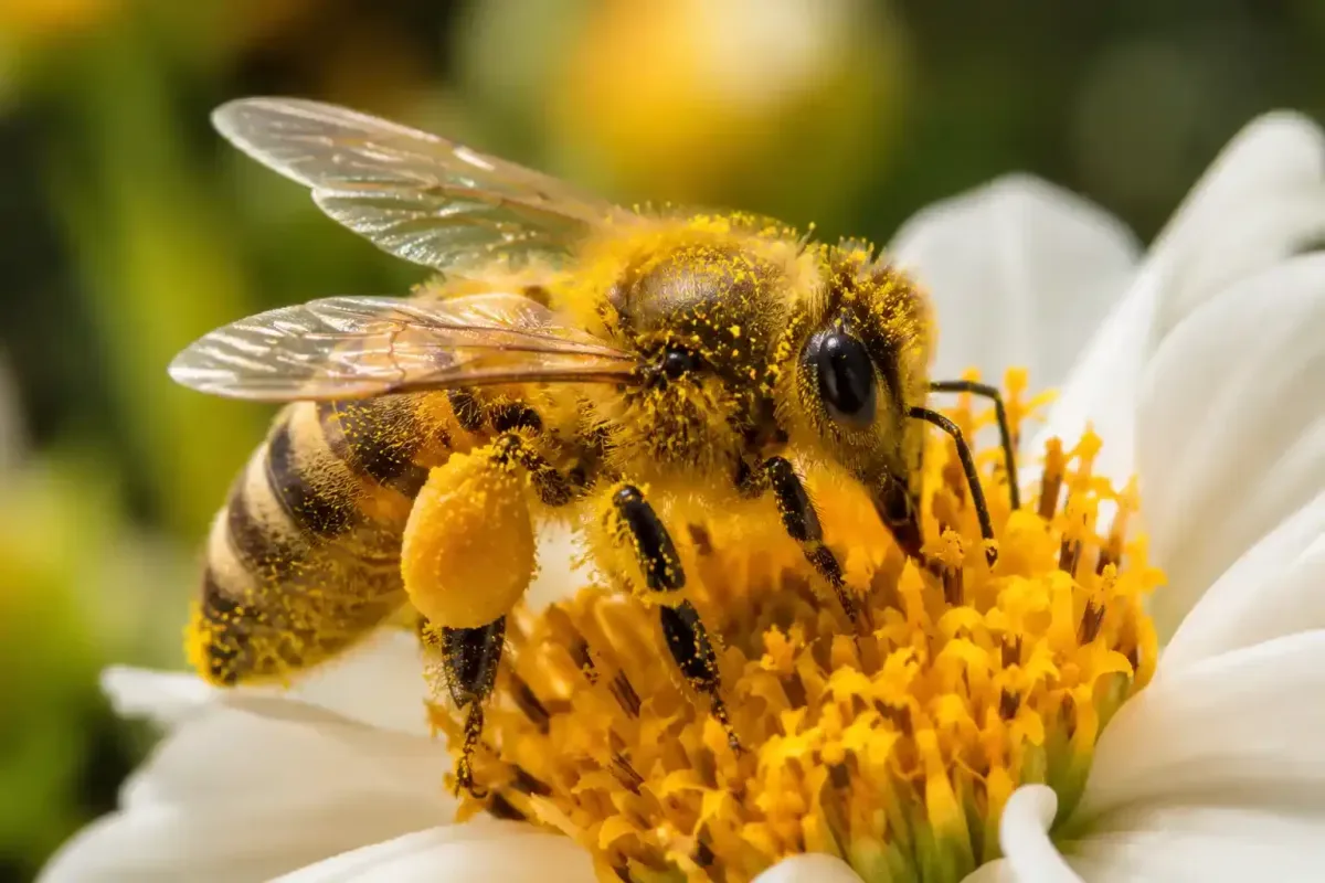 Honeybee gathering pollen from a blooming flower