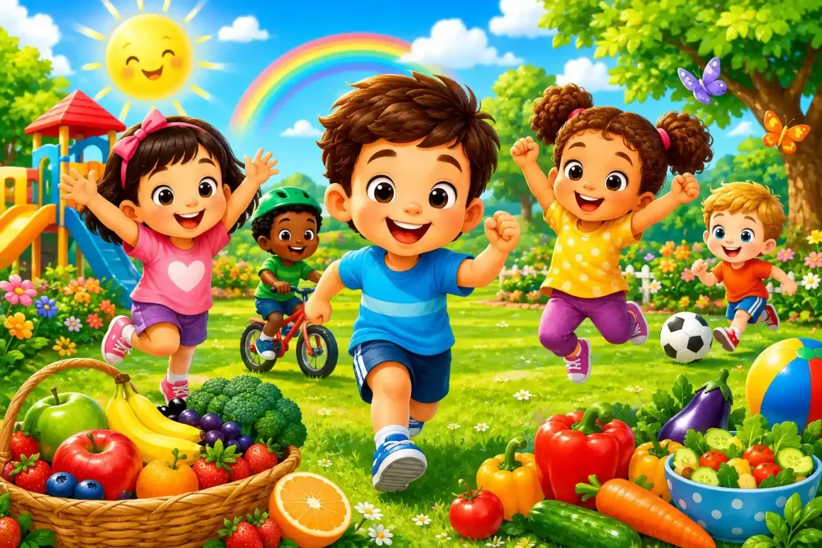 Kids playing with energy from healthy food