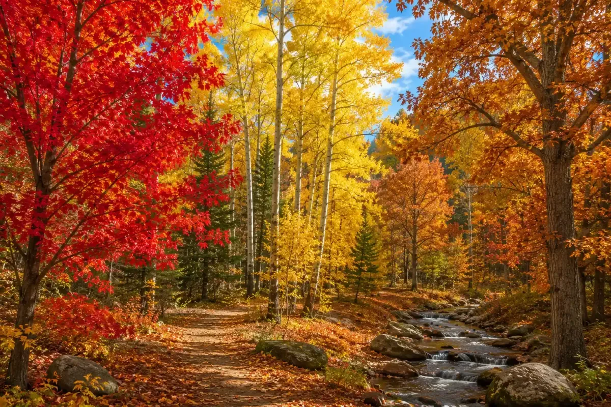 Red yellow and orange autumn trees in a forest