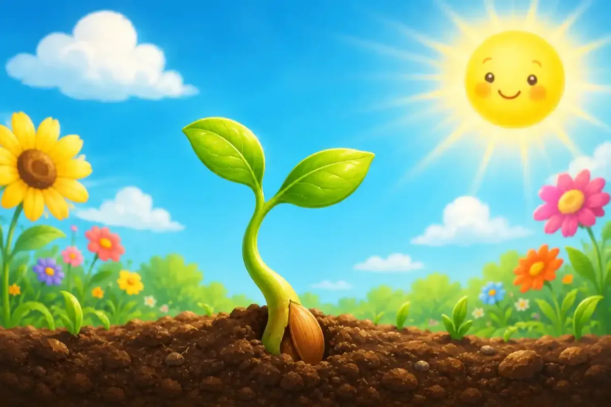 Small green sprout growing toward the sunshine