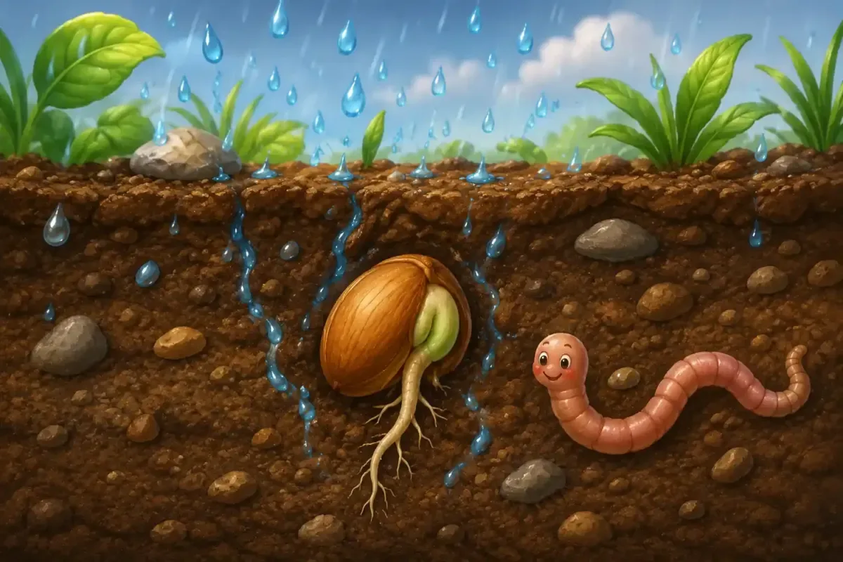 Tiny seed drinking rainwater beneath the soil