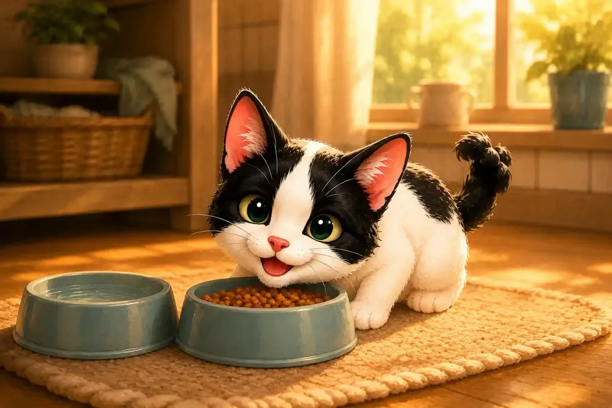 Chiki eating his first meal at home