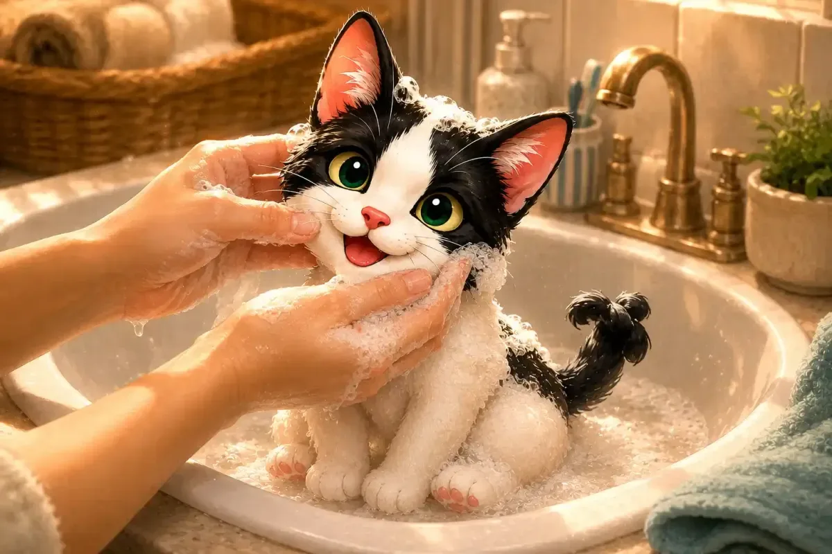 Chiki enjoying his first bath