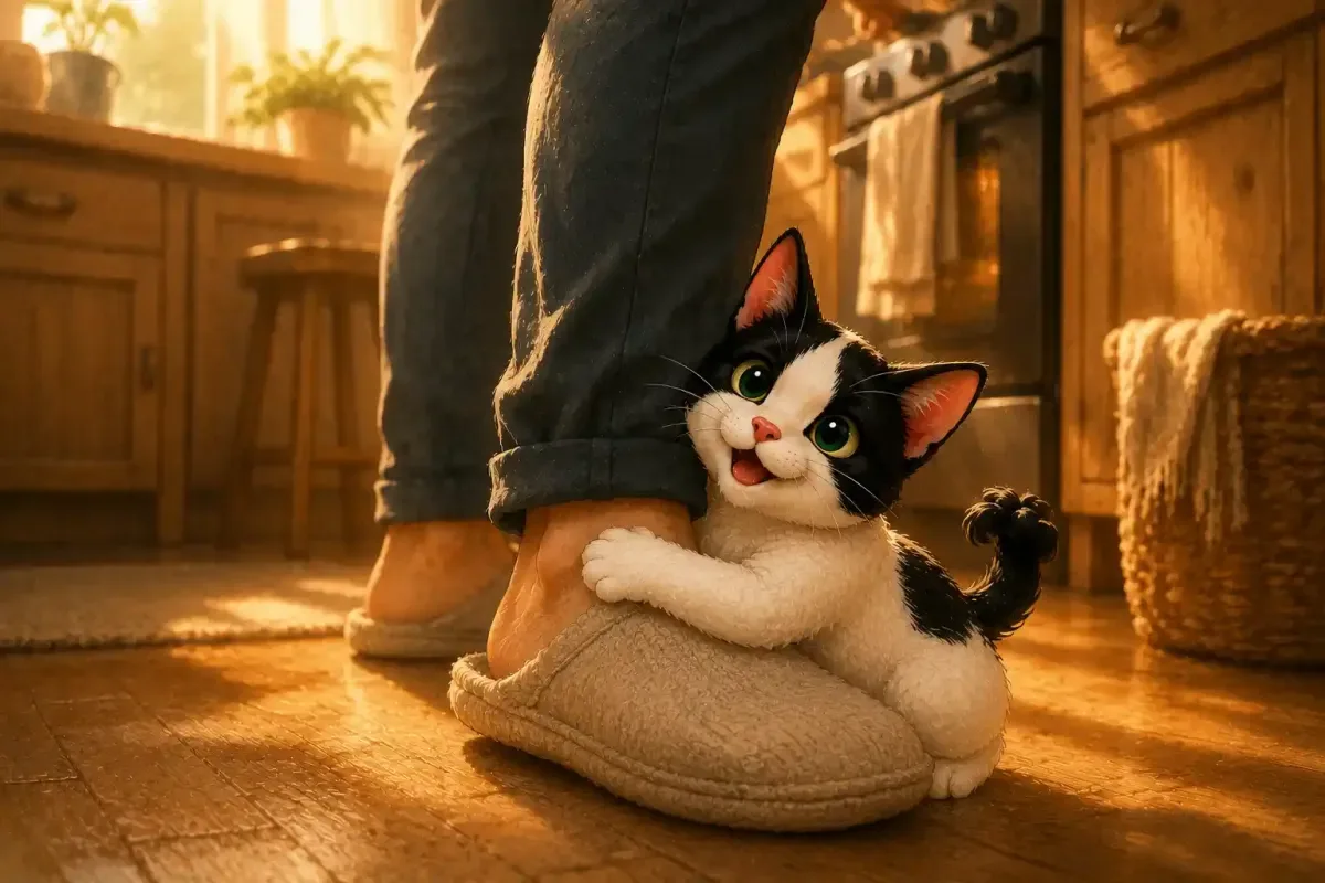 Chiki hugging Daddy's foot to say thank you