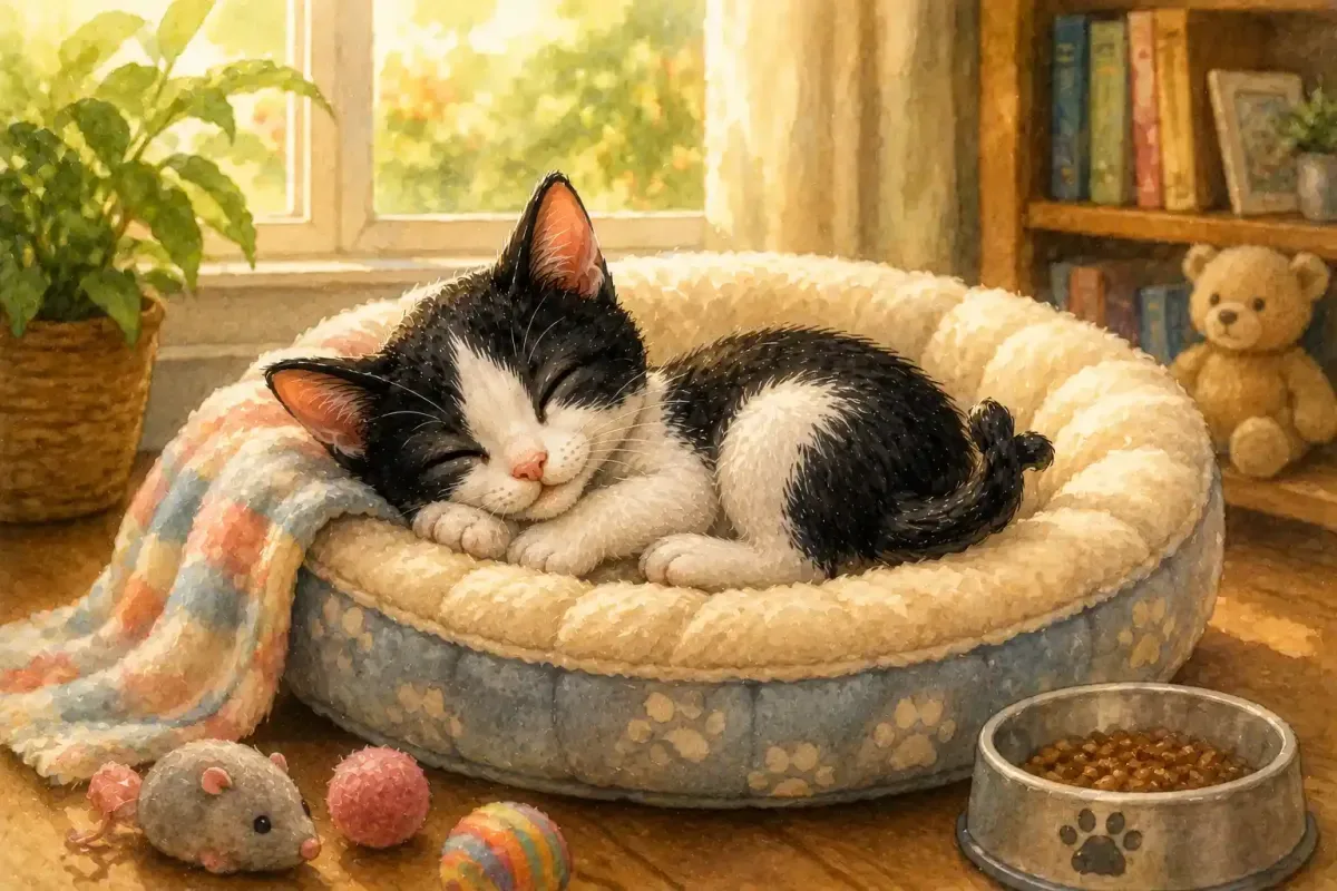 Chiki sleeping safely in his new home