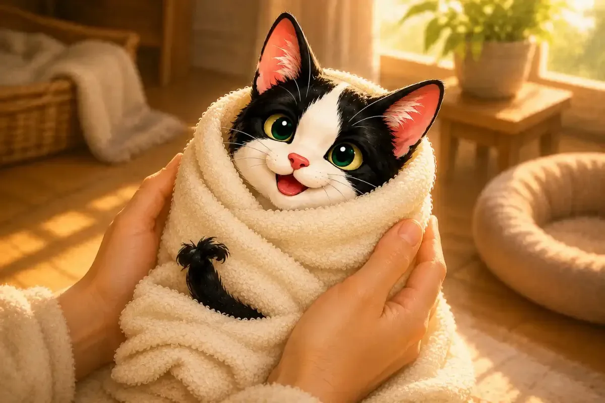 Chiki wrapped safely in a warm towel