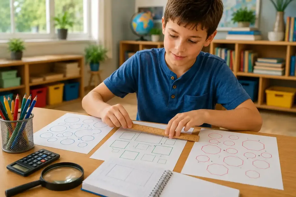 Child comparing circles squares and hexagons